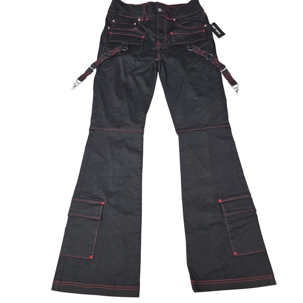 Hot Topic Womens Black Red Contrast Stitch Flare Cargo Pants Chain Suspender 7